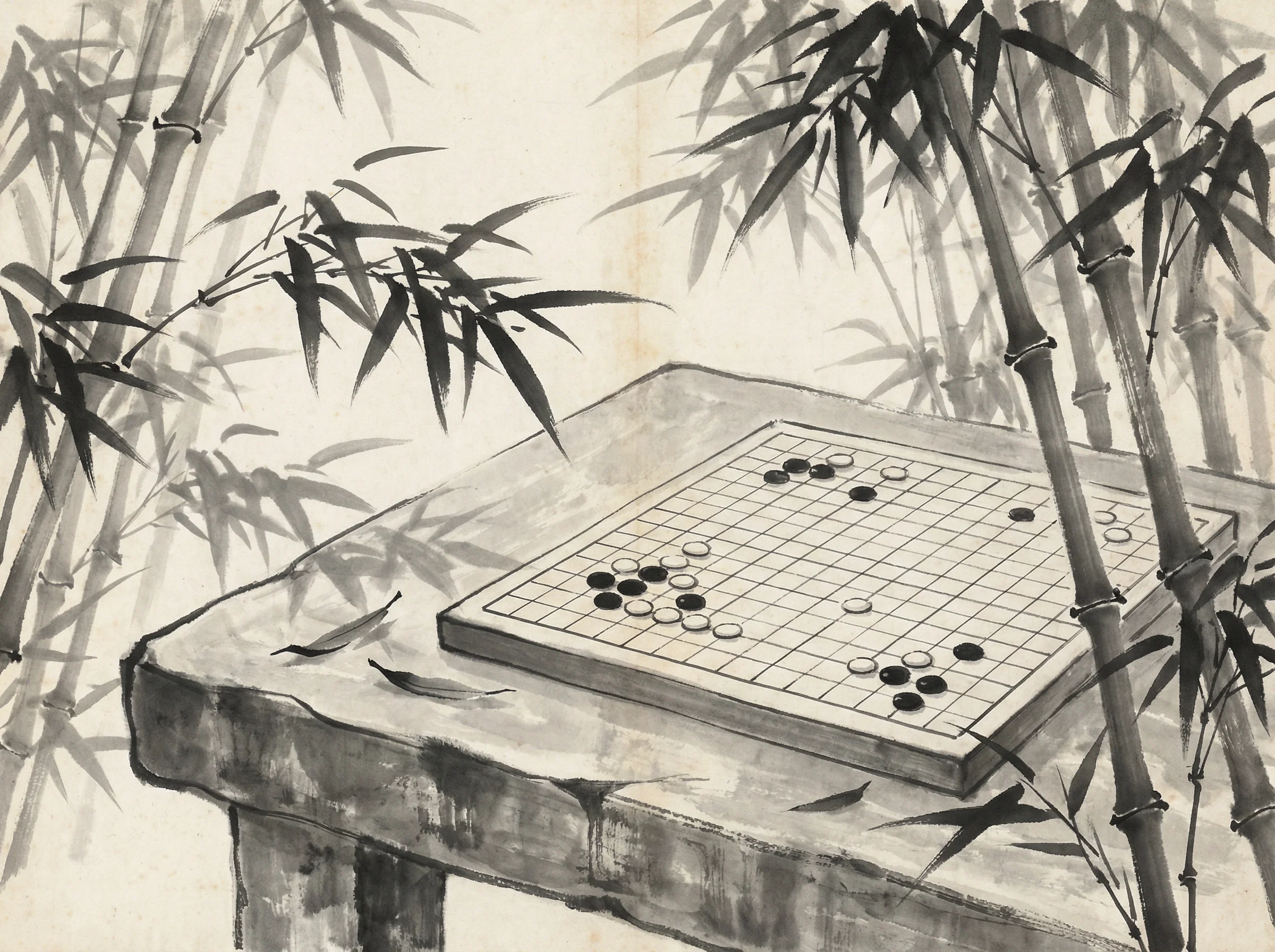 竹林棋盘上的 天元棋牌 经典布局